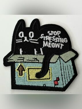 IRON OR SEW ON EMBROIDERED PATCH BLACK CAT STOP STRESSING MEOWT